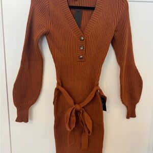 Lulus NWT Cozy Charmer Rust Brown Long Sleeve Mini Sweater Dress. Size XS.